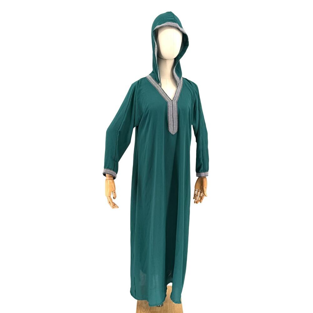 Emirati Teal Green Moroccan Style Djellaba Hooded Kaftan